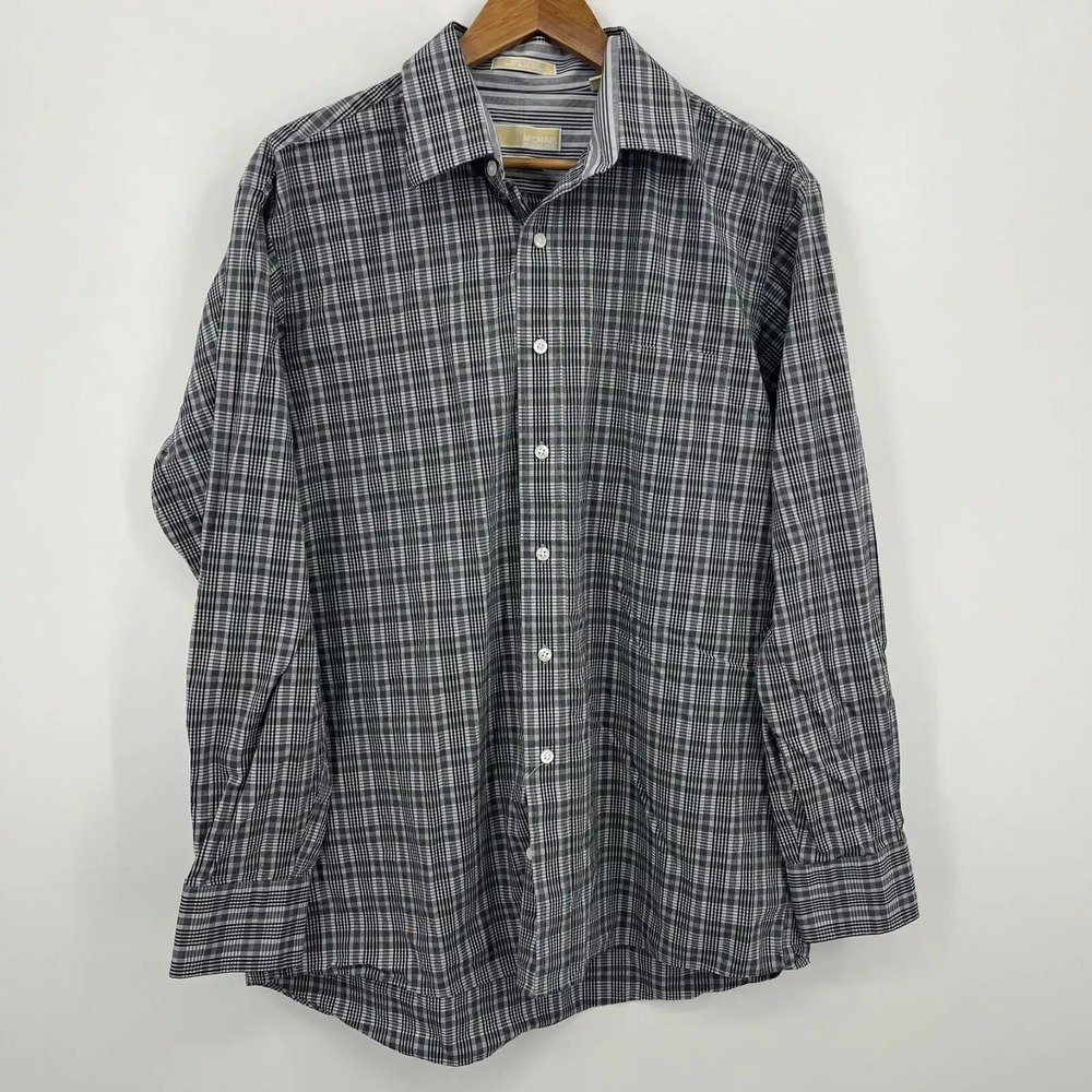 Michael Kors Mens Plaid Button Down Shirt Black White Regular Fit 16.5 34/35 L
